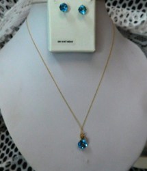 10K 18 INCH GOLD CHAIN, BLUE TOPAZ PENDANT, PIERCED EARRINGS SET New
